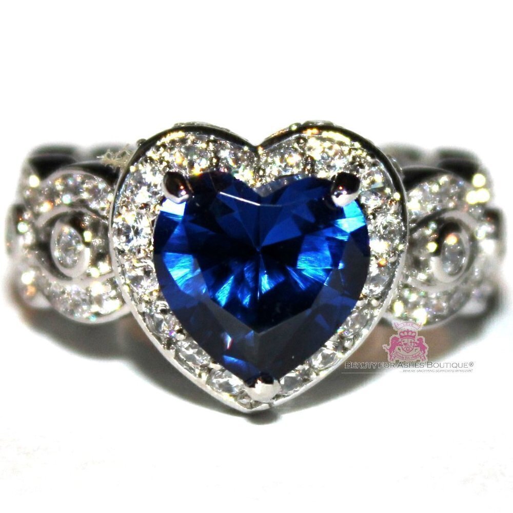 Heart For Jerusalem Deep Sapphire Blue Cz 18k White Gold Plated Cocktail Ring 10